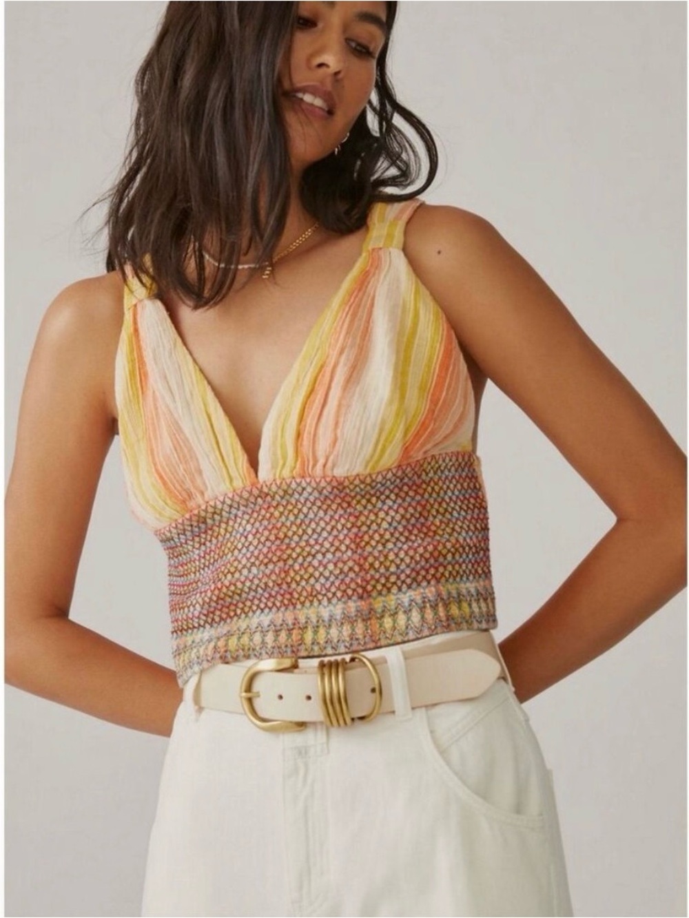 by Anthropologie Striped Smocked Cross Back Cropped Tank Top, Women’s Large